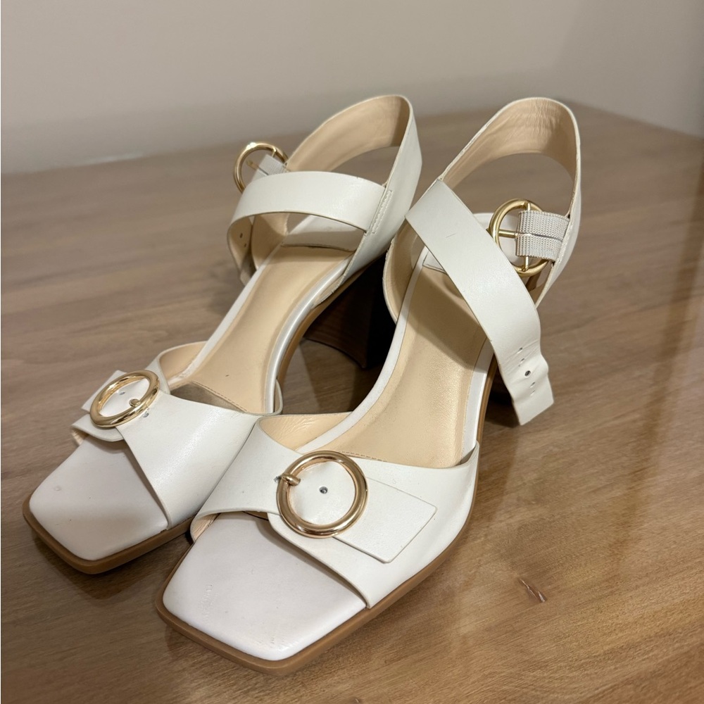 Nordstrom White Leather Block Heel with Gold Buckle
